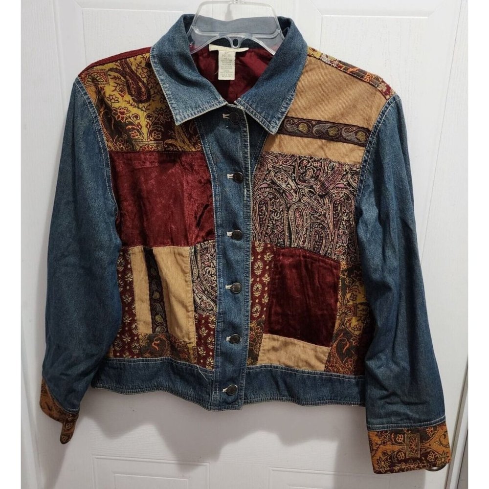 Out Of The Blue J Jill Women's Denim Patchwork Velvet Tapestry Jean Jacket Sz PS